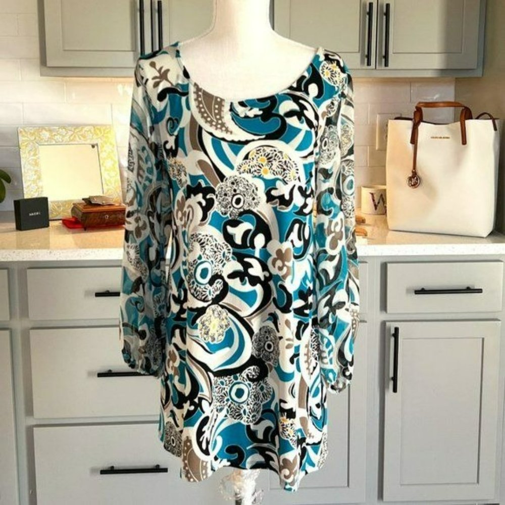 Style & Co Colorful Print Tunic Long Sheer Sleeve Size Medium